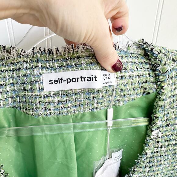 Self-Portrait Tweed Mini Dress Green Boucle Short Sleeve Button Front 10 NWT - Picture 6 of 12